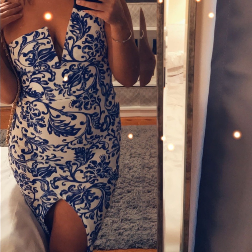 Miss guided Blue & White One-Shouldered Dress